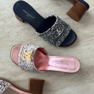 Louis Vuitton tweed flat sandals with a gold LV twist accessory
