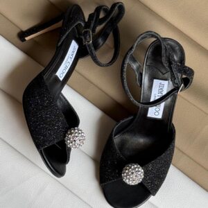 Jimmy Choo black glitter fabric Sacora sandals with a crystal-embellished sphere and stiletto heel