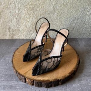 Andrea Wazen Katy slingback heels, featuring white lace and rhinestone embellishments